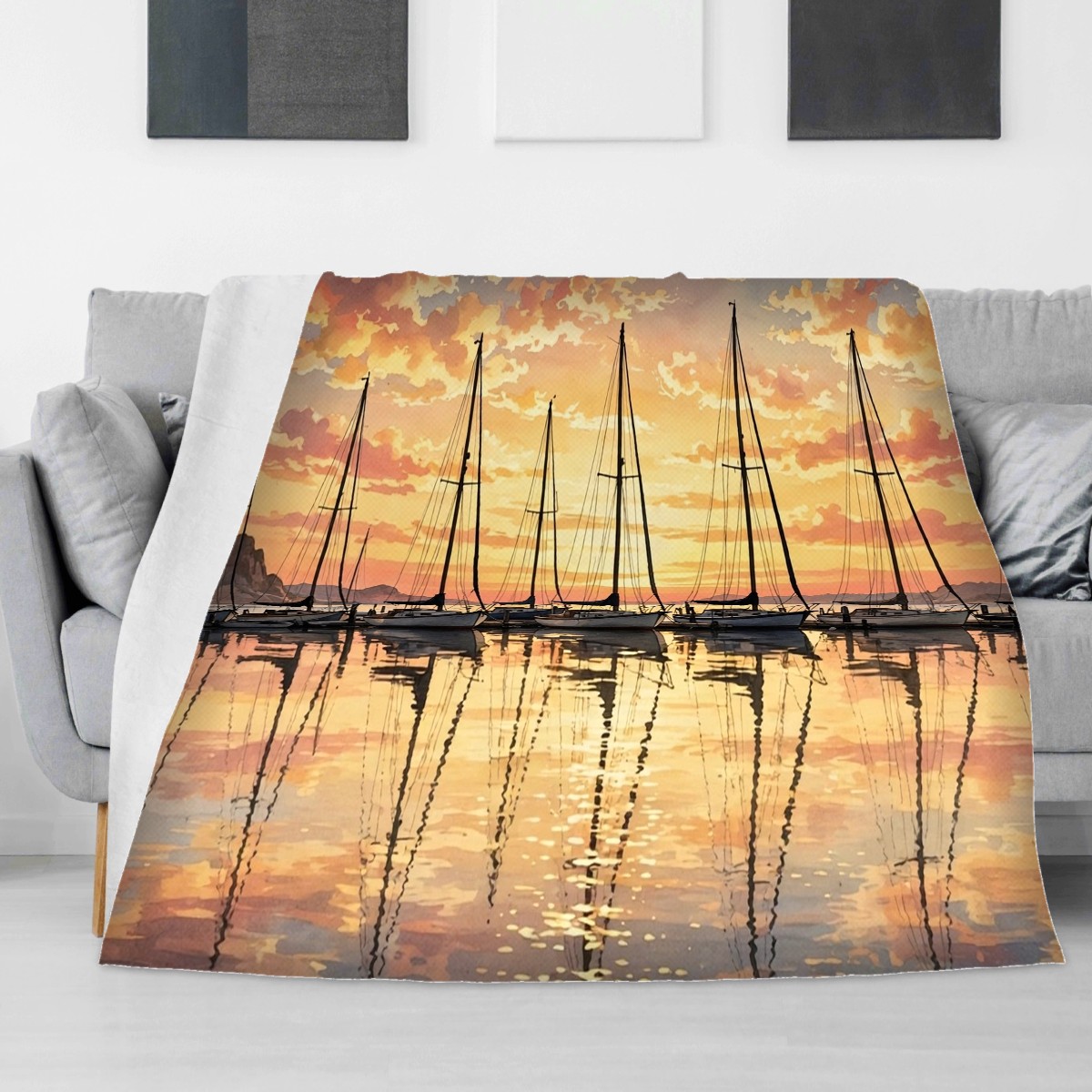 Sailboat harbor sunset blanket on a living room sofa, birthday gift for a best friend