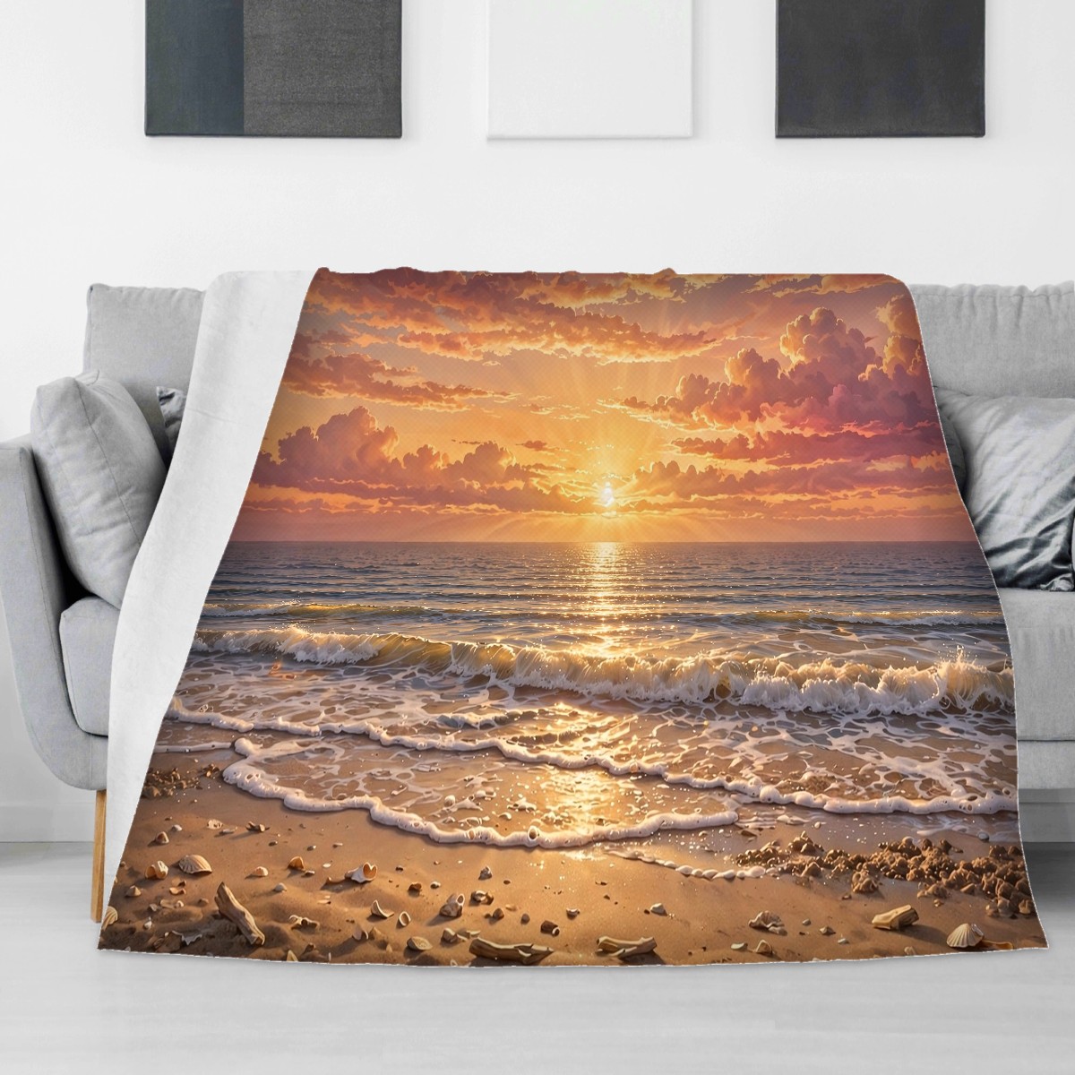 Beach ocean sunset blanket on a living room sofa, personalized Father's Day gift for dad