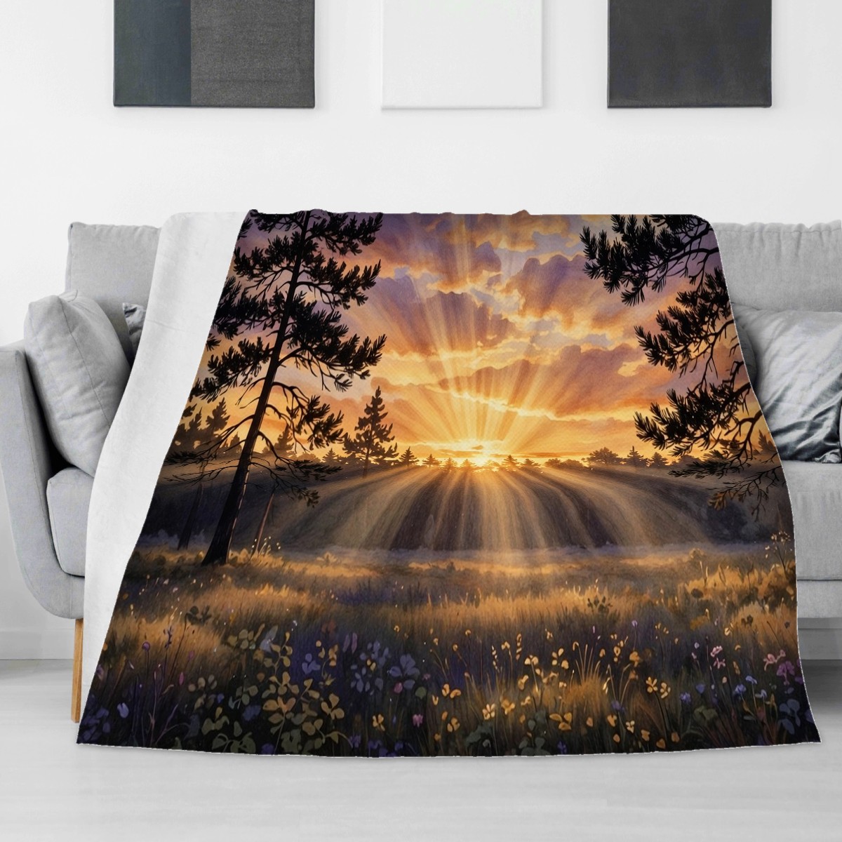Forest sunset blanket on a sofa in a bright living room, cozy birthday gift for grandma