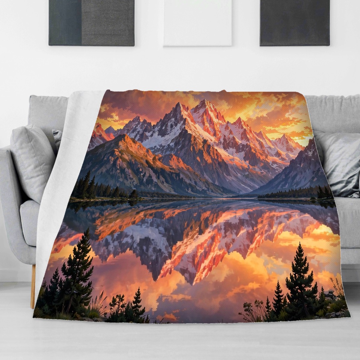 Mountain lake sunset blanket draped over a sofa, cozy Christmas gift for grandpa