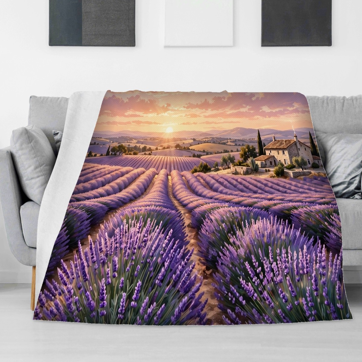 Lavender field sunset blanket draped over a sofa, thoughtful thank you gift for sister