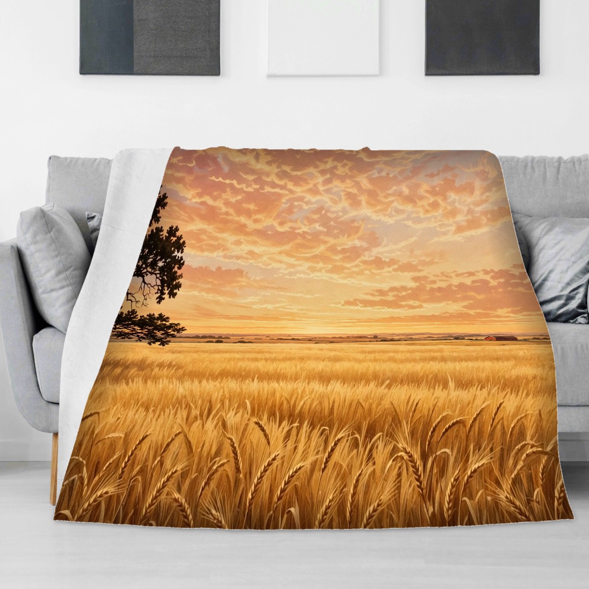 Countryside sunset blanket on a living room sofa, warm Christmas gift for wife